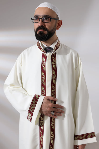 Krem Erkek Namaz Elbisesi Bordo Desen İşlemeli Hakim Yaka İmam Cübbesi