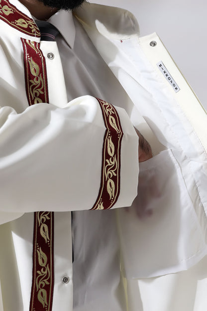 Krem Erkek Namaz Elbisesi Bordo Desen İşlemeli Hakim Yaka İmam Cübbesi