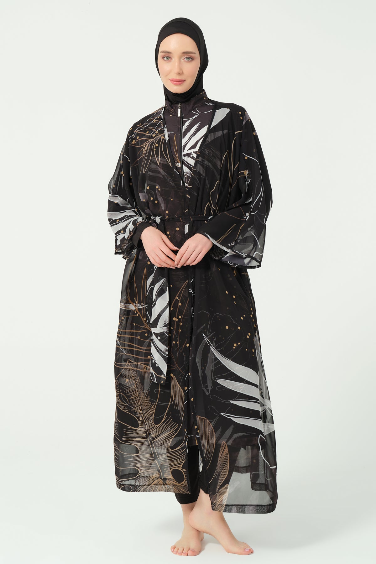 Alfasa Gold Desenli Uzun Kimono Detaylı Tesettür Mayo 25535-26 - Siyah