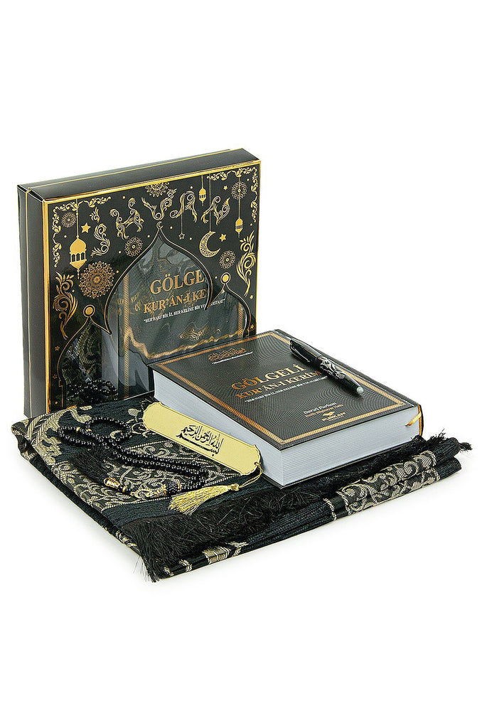 Black Islamic Prayer Gift Set | Holy Quran, Prayer Rug, Erasable Pen & Prayer Accessories - Ihvan