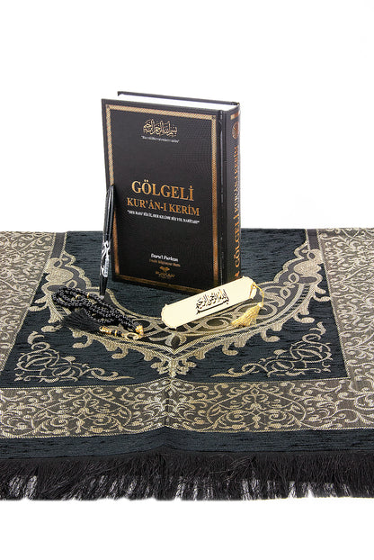 Black Islamic Prayer Gift Set | Holy Quran, Prayer Rug, Erasable Pen & Prayer Accessories - Ihvan