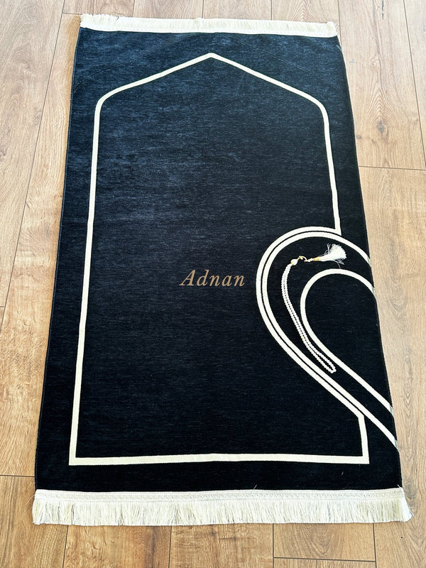 Elegant Black & Cream Muslim Prayer Rug Set for Couples | Sajadah | Janamaz - Ihvan