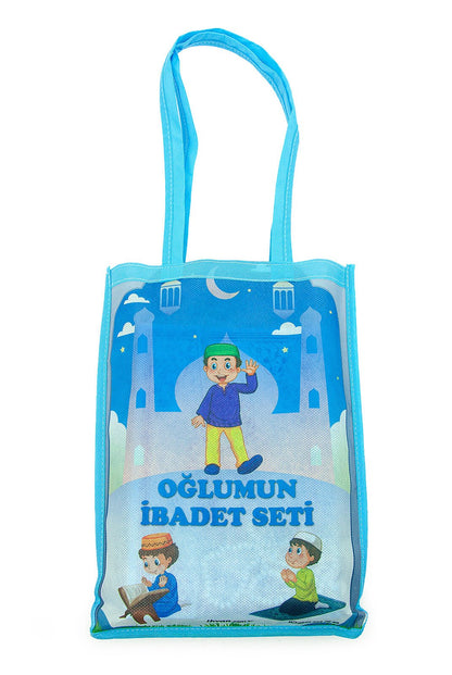 Blue Muslim Prayer Rug Set for Kids | Holy Quran, Tasbih, Mat & Worship Bag - Ihvan