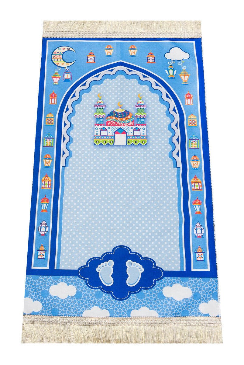 Blue Muslim Prayer Rug Set for Kids | Holy Quran, Tasbih, Mat & Worship Bag - Ihvan