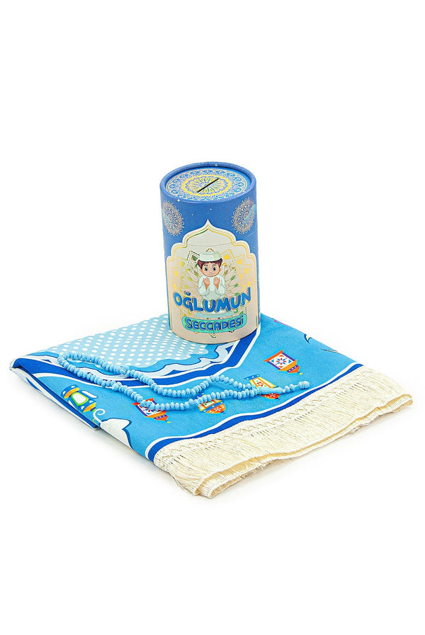 Blue Kids Prayer Mat  | Boys' Prayer Rug (Sajadah, Janamaz) | Tasbih | Coin Box - Ihvan