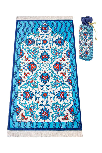 Silky Portable Blue Muslim Prayer Rug Set (Sajadah | Travel Bag) - Ihvan