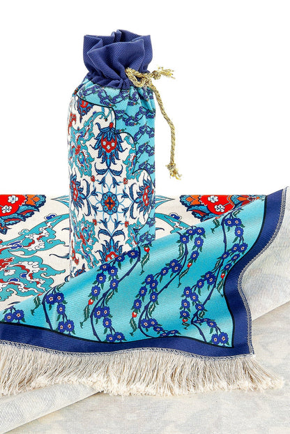Silky Portable Blue Muslim Prayer Rug Set (Sajadah | Travel Bag) - Ihvan