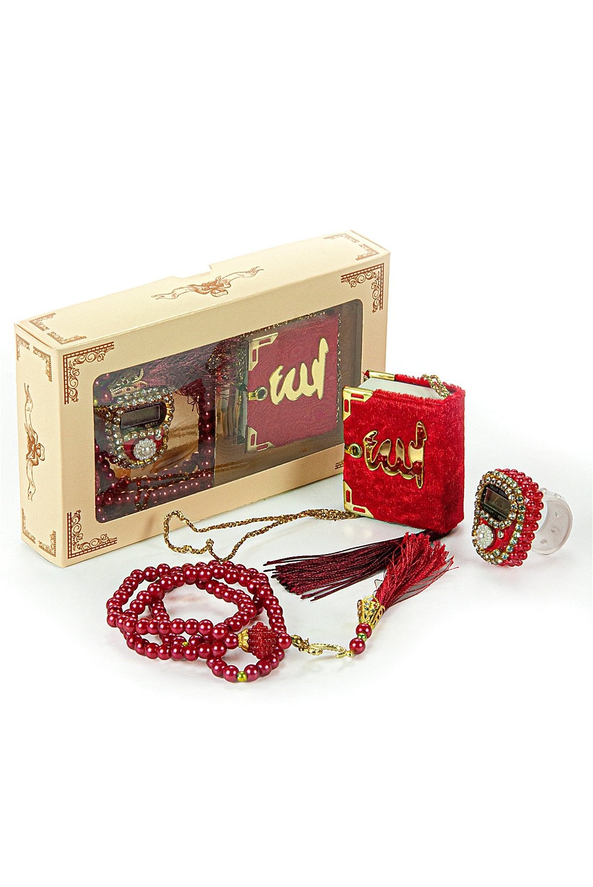 Mini Velvet Quran Set with Islamic Finger Counter and Prayer Rosary, Muslim Prayer Set - ihvan