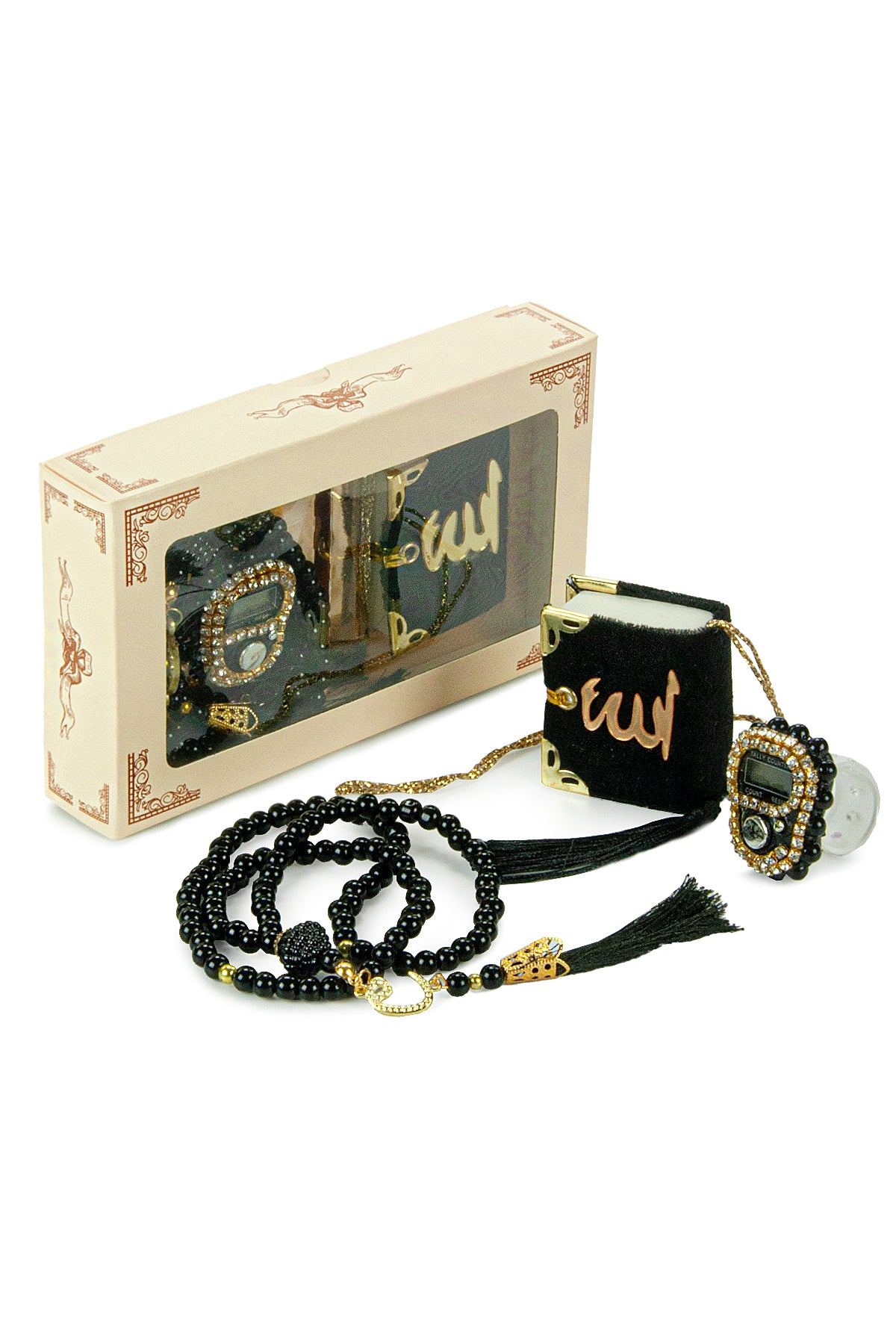 Mini Velvet Quran Set with Islamic Finger Counter and Prayer Rosary, Muslim Prayer Set - ihvan