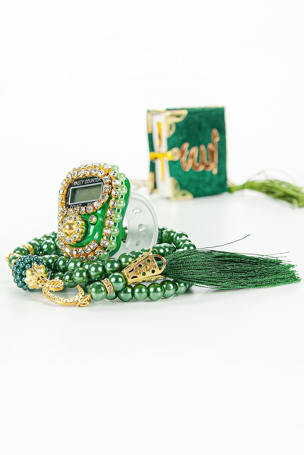 Mini Velvet Quran Set with Islamic Finger Counter and Prayer Rosary, Muslim Prayer Set - ihvan