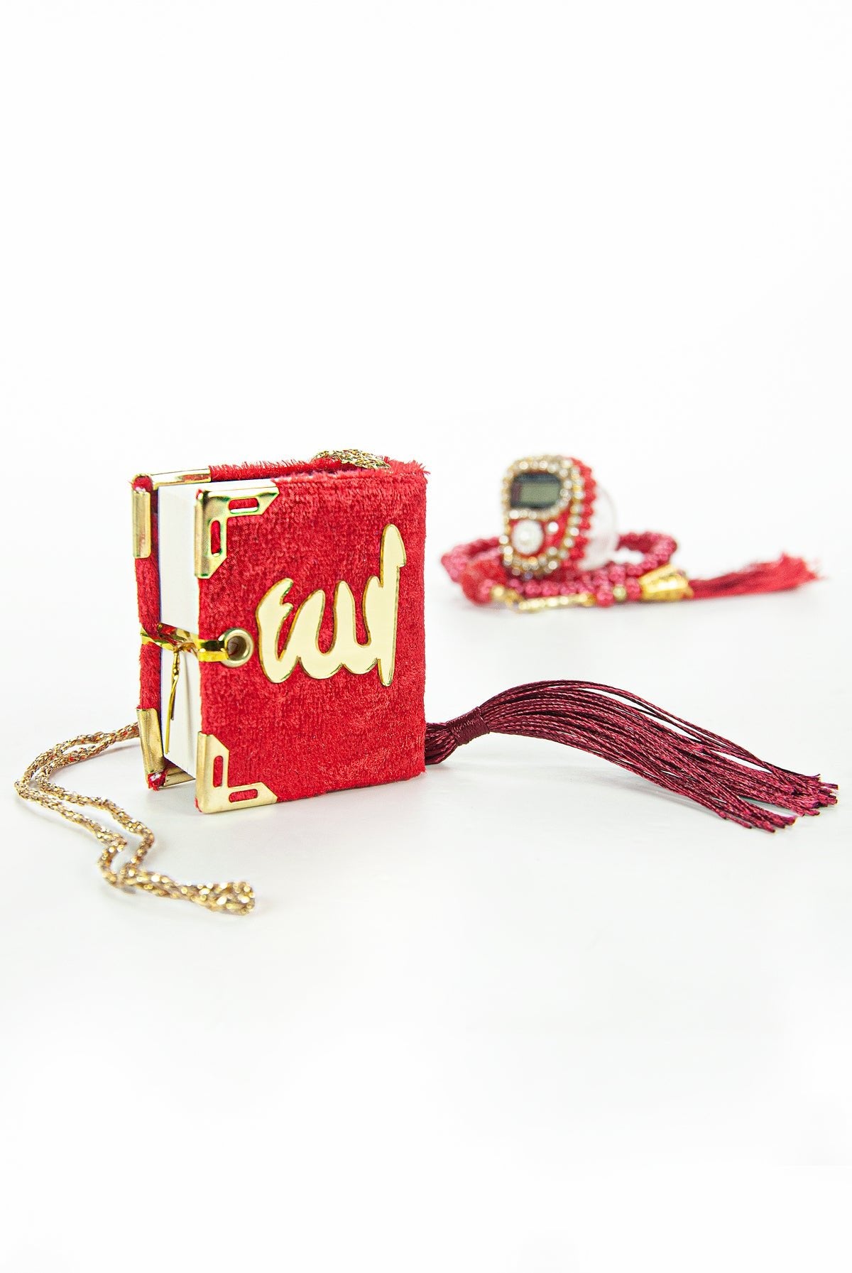 Mini Velvet Quran Set with Islamic Finger Counter and Prayer Rosary, Muslim Prayer Set - ihvan