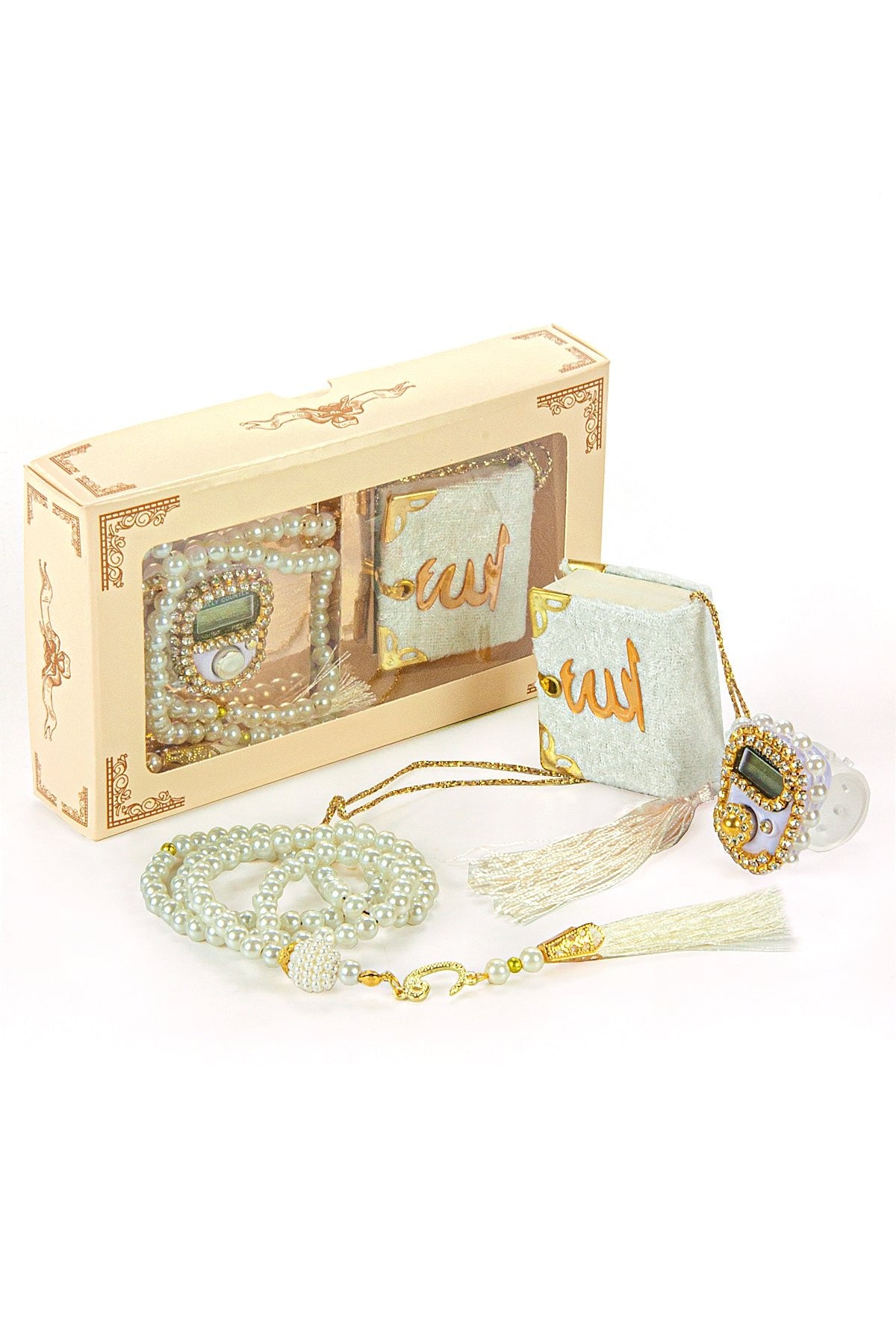 Mini Velvet Quran Set with Islamic Finger Counter and Prayer Rosary, Muslim Prayer Set - ihvan