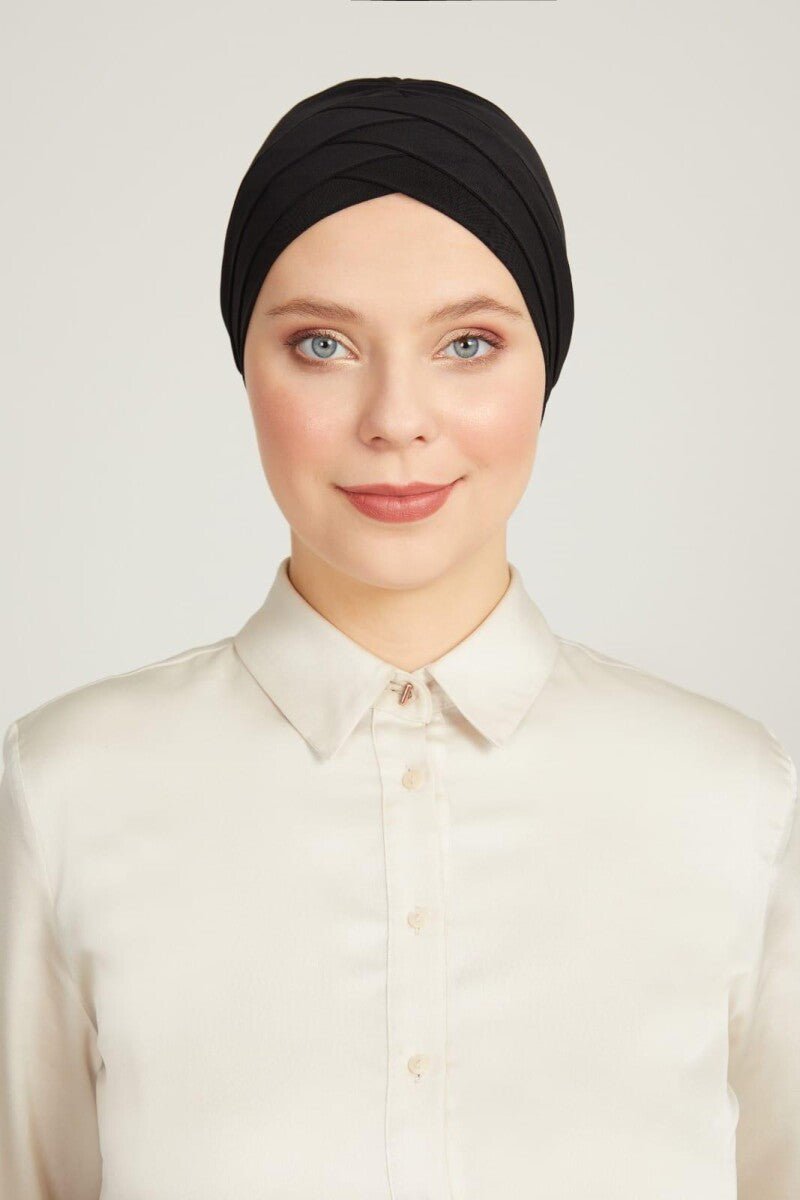 Crossed 3-Band Hijab Undercap | Double-Sided Bonnet Scarf | Muslim Headwear for Women - Black - Ihvan