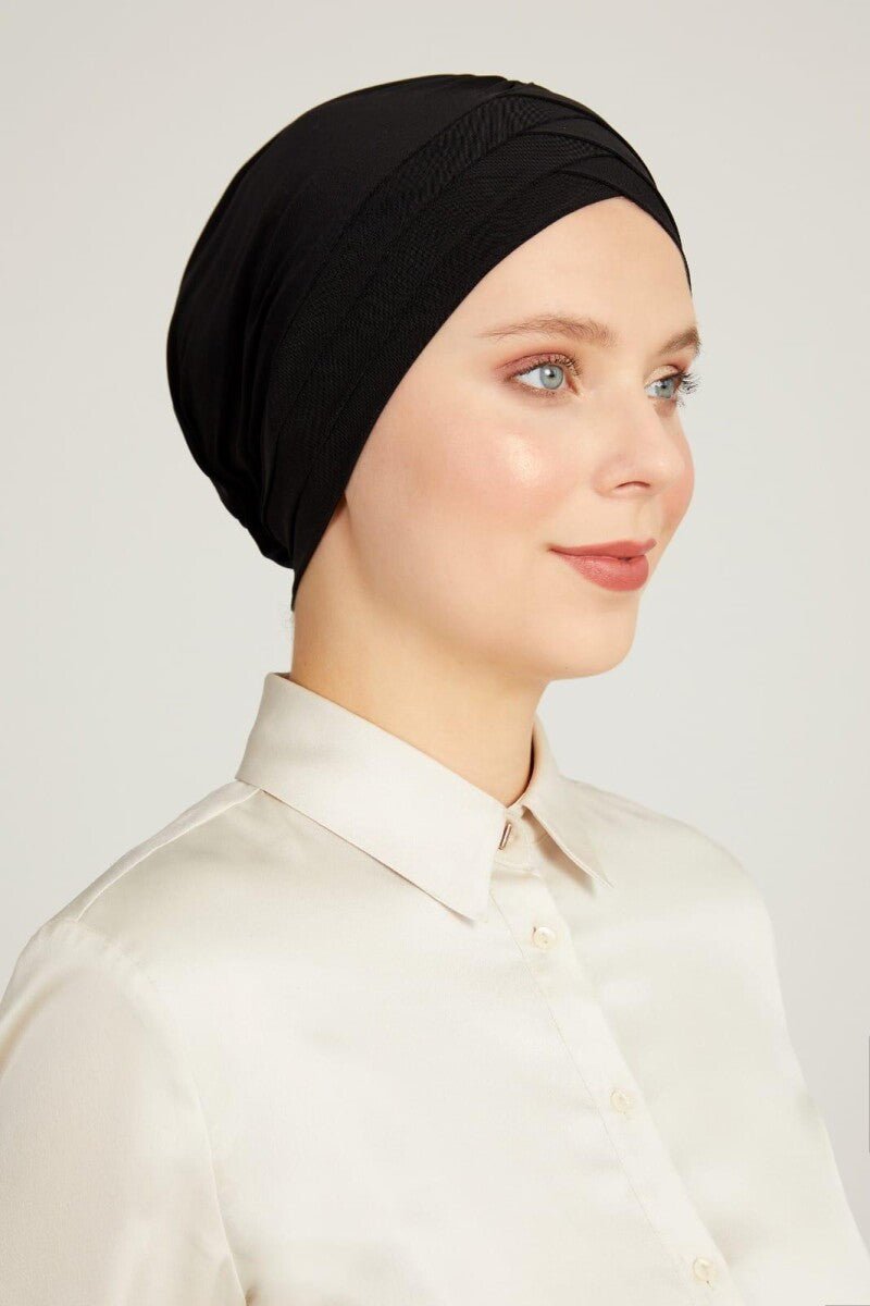 Crossed 3-Band Hijab Undercap | Double-Sided Bonnet Scarf | Muslim Headwear for Women - Black - Ihvan
