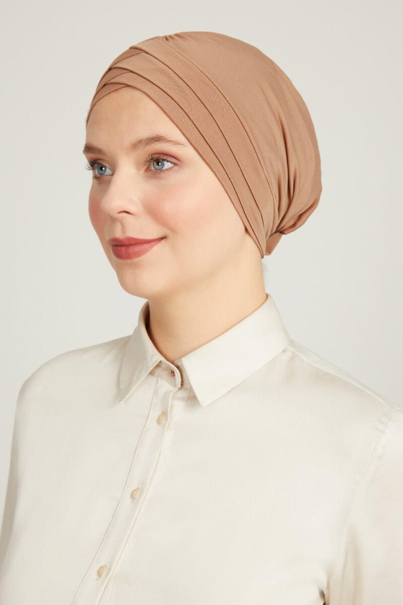 Crossed 3-Band Hijab Undercap | Double-Sided Bonnet Scarf | Muslim Headwear for Women - Brown - Ihvan