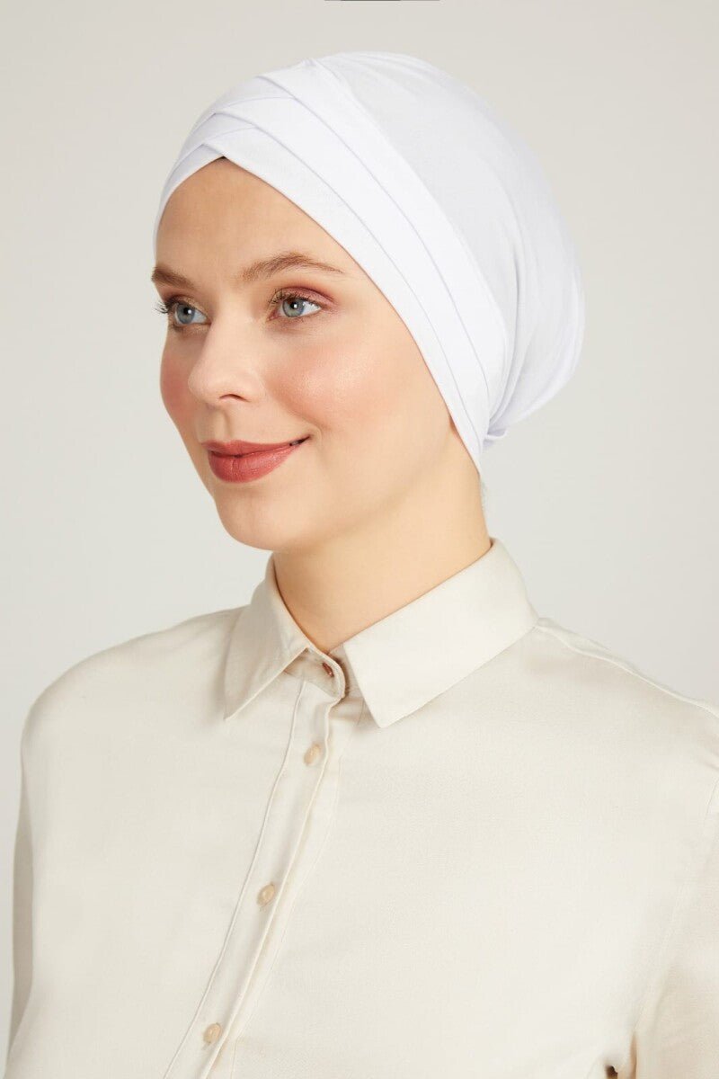 Crossed 3-Band Hijab Undercap | Double-Sided Bonnet Scarf | Muslim Headwear for Women - White - Ihvan