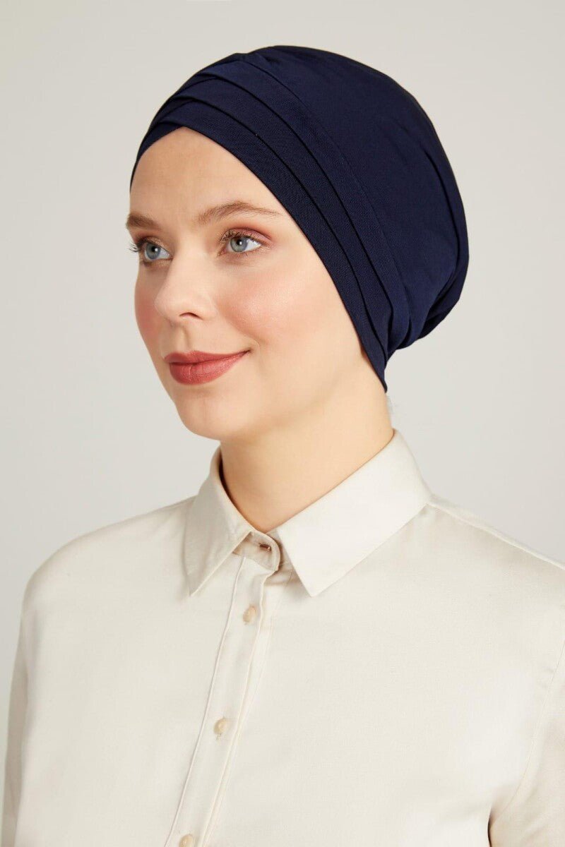 Crossed 3-Band Hijab Undercap | Double-Sided Bonnet Scarf | Muslim Headwear for Women - Navy - Ihvan