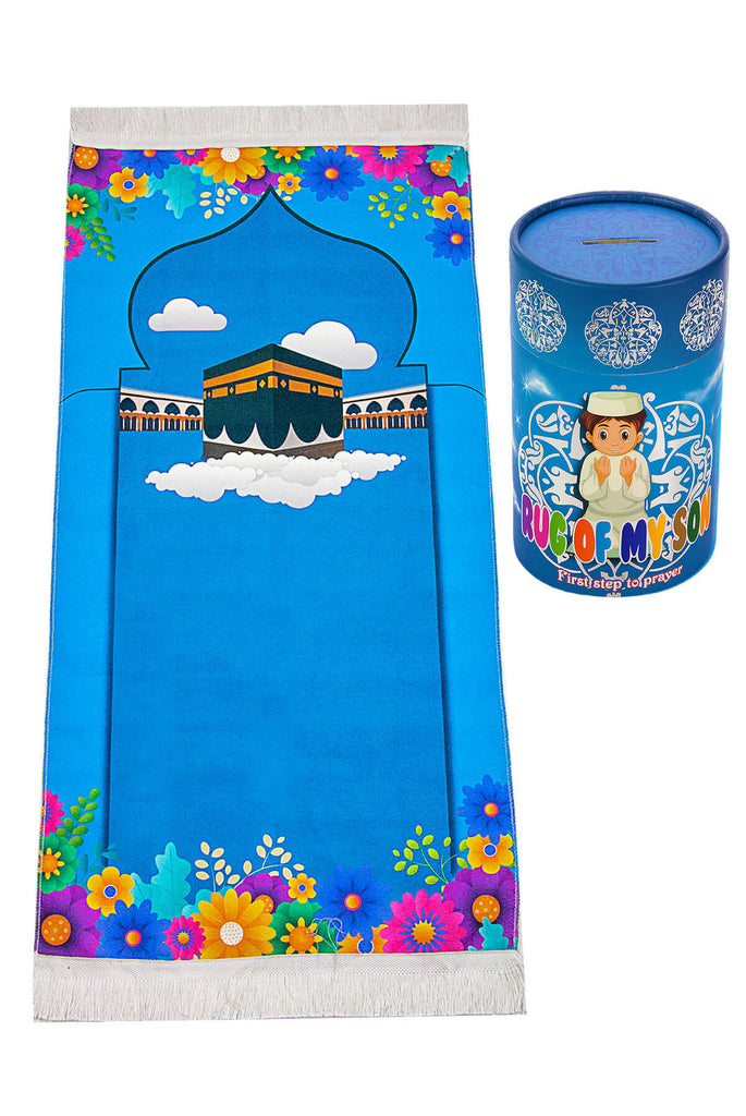 Muslim Kaaba Designed Blue Prayer Rug for Kids with Prayer Rosary & Moneybox