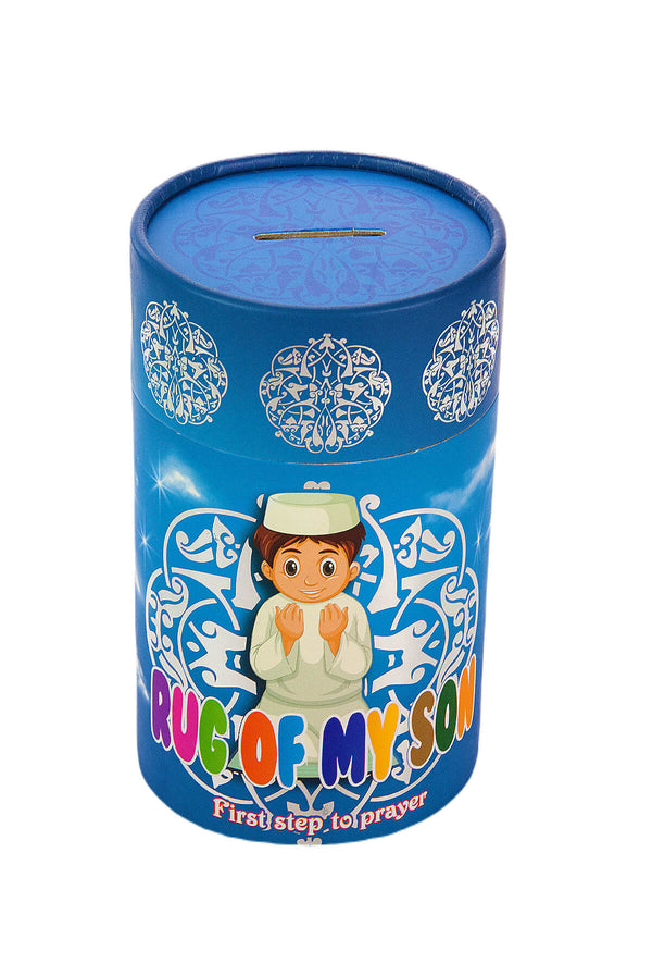 Muslim Kaaba Designed Blue Prayer Rug for Kids with Prayer Rosary & Moneybox