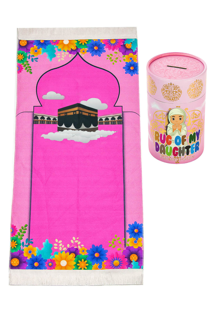 Muslim Kaaba Designed Pink Prayer Rug for Kids with Prayer Rosary & Moneybox