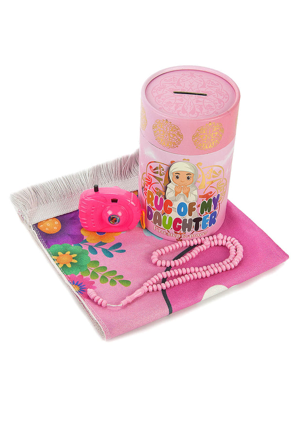 Muslim Kaaba Designed Pink Prayer Rug for Kids with Prayer Rosary & Moneybox