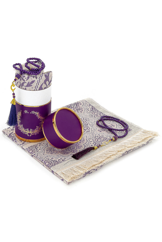 Muslimischer Gebetsteppich und Gebetsperlen mit eleganter Zylinder-Geschenkbox | Janamaz | Sajadah | Weicher islamischer Gebetsteppich | Islamisches Geschenkset | Gebetsteppichmatte, Taftstoff,