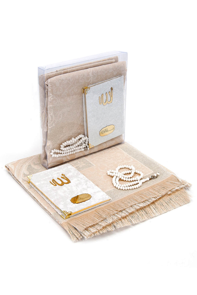 Taffeta Fabric Muslim Prayer Rug and Velvet Covered Yaseen Set With Transparent Box, Islamic Ramadan Eid Gifts