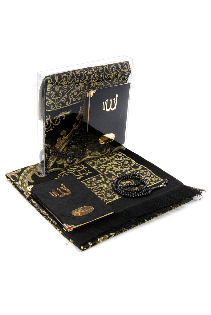 Taffeta Fabric Muslim Prayer Rug and Velvet Covered Yaseen Set With Transparent Box, Islamic Ramadan Eid Gifts