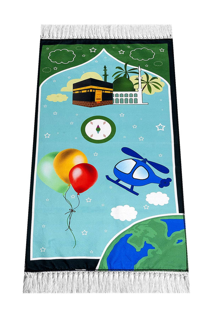 Helicopter and Space - Green, Prayer Mat for Boys, Muslim Prayer Rug for Small Size, Digital Printed Unique Design Janamaz Sajadah, Soft Salah Travel Mat Carpet, Islamic Gifts for Boys