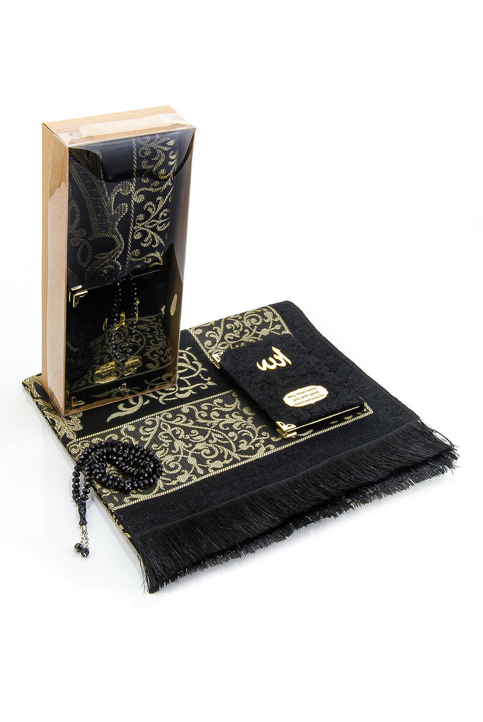 Muslimischer Gebetsteppich aus Taftstoff und mit Samt überzogenes Yaseen Surah-Buch im Taschenformat und Kristall-Gebetsperlen im Set mit Kraftpapier-Box, perfekte islamische Ramadan-Eid-Geschenke
