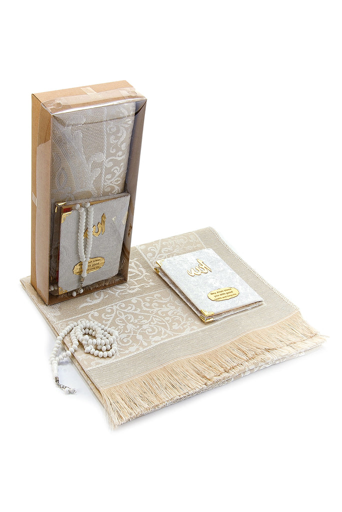 Taffeta Fabric Muslim Prayer Rug and Velvet Covered Yaseen Set With Kraft Box, Islamic Ramadan Eid Gifts
