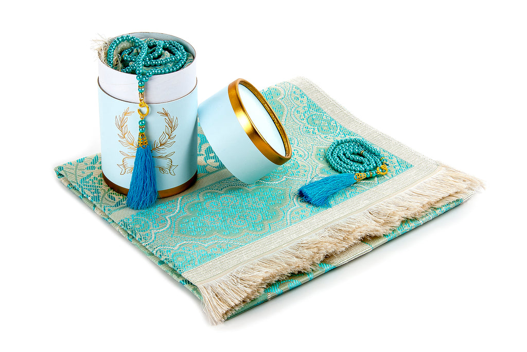 Muslimischer Gebetsteppich und Gebetsperlen mit eleganter Zylinder-Geschenkbox | Janamaz | Sajadah | Weicher islamischer Gebetsteppich | Islamisches Geschenkset | Gebetsteppichmatte, Taftstoff,