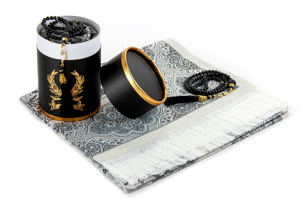 Muslim Prayer Rug and Prayer Rosary with Elegant Cylinder Gift Box