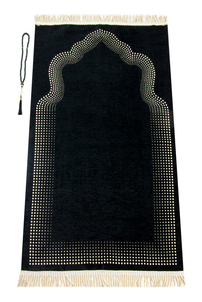 Muslim Mihrap Designed Prayer Rug with Prayer Rosary, Prayer Carpet, Chenille Fabric