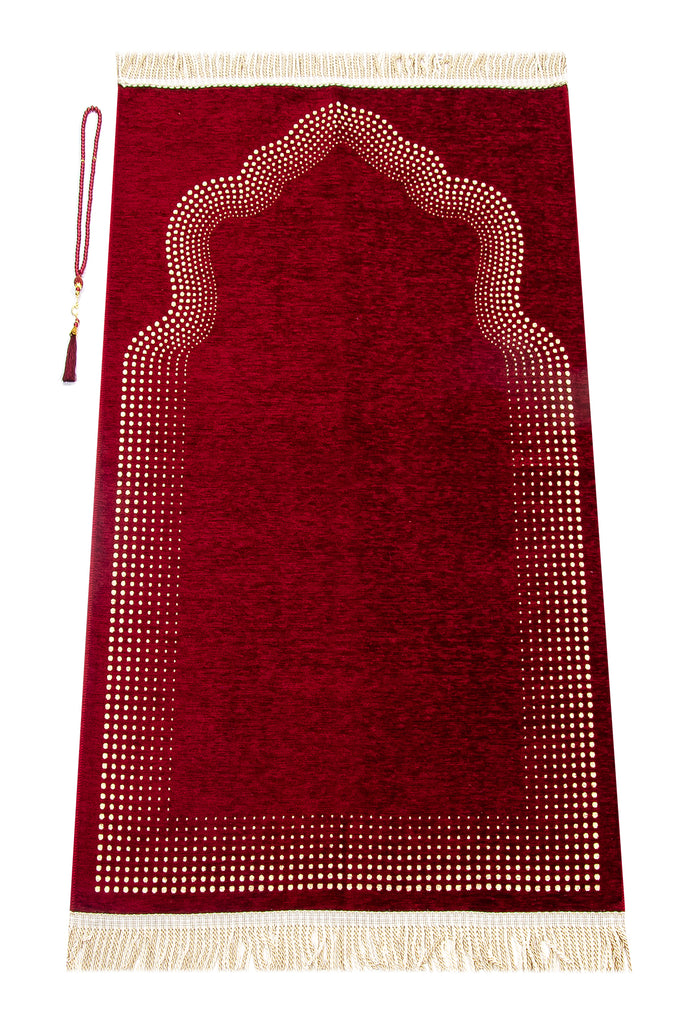 Muslim Mihrap Designed Prayer Rug with Prayer Rosary, Prayer Carpet, Chenille Fabric