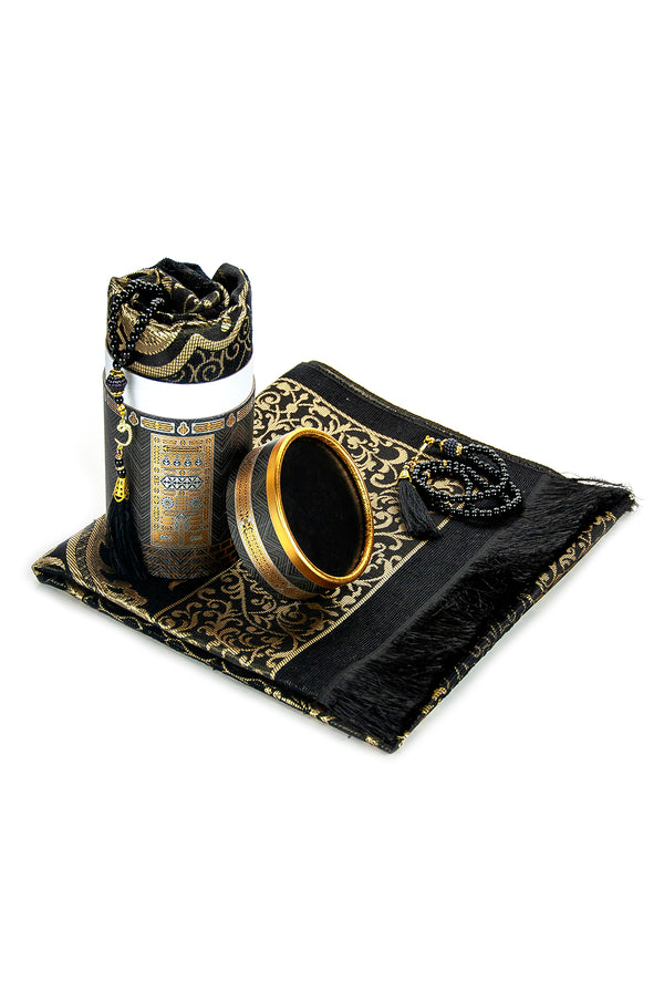 Muslim Prayer Rug and Prayer Beads with Kaaba Design Cylinder Gift Box