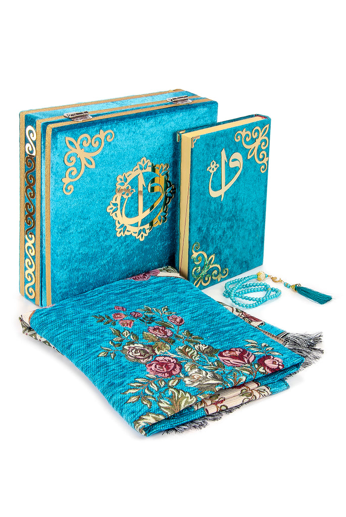 Luxuriöse, mit Samt überzogene islamische Gebets-Geschenkbox, 4-teiliges Deluxe-Set mit elegantem, mit Samt überzogenem Koran und Gebetsperlen, Tesbih und Gebetsteppich, Ramadan- und Eid-Geschenk.