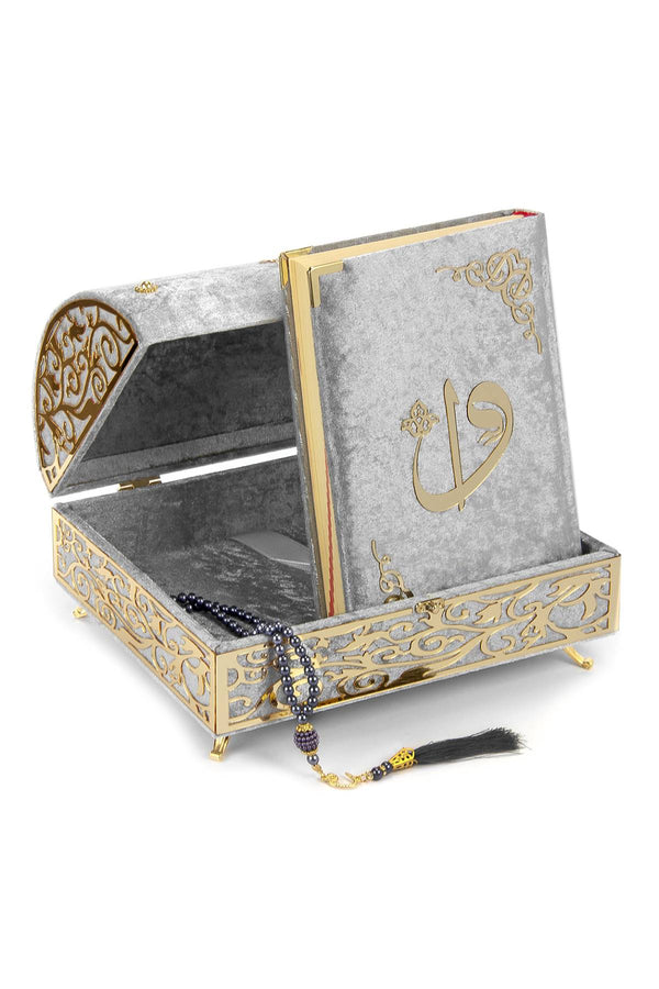 Luxuriöse, mit Samt überzogene islamische Gebetsbox in Form einer Schatzkiste mit elegantem, mit Samt überzogenem Koran und Gebetsperlen, Tesbih-, Ramadan- und Eid-Geschenk