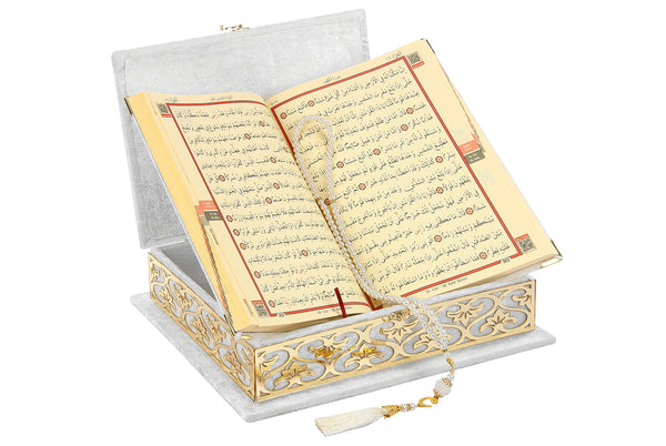 Luxuriöse, mit Samt überzogene islamische Gebets-Geschenkbox mit elegantem, mit Samt überzogenem Koran und Gebetsperlen, Tesbih-, Ramadan- und Eid-Geschenk