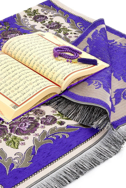 Purple Islamic Prayer Gift Set |  Quran & Prayer Rug & Tasbih & Velvet Box - Ihvan