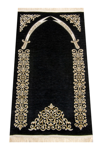 Elegant Black Chenille Muslim Prayer Rug (Sajadah | Janamaz | Salah Mat) - Ihvan