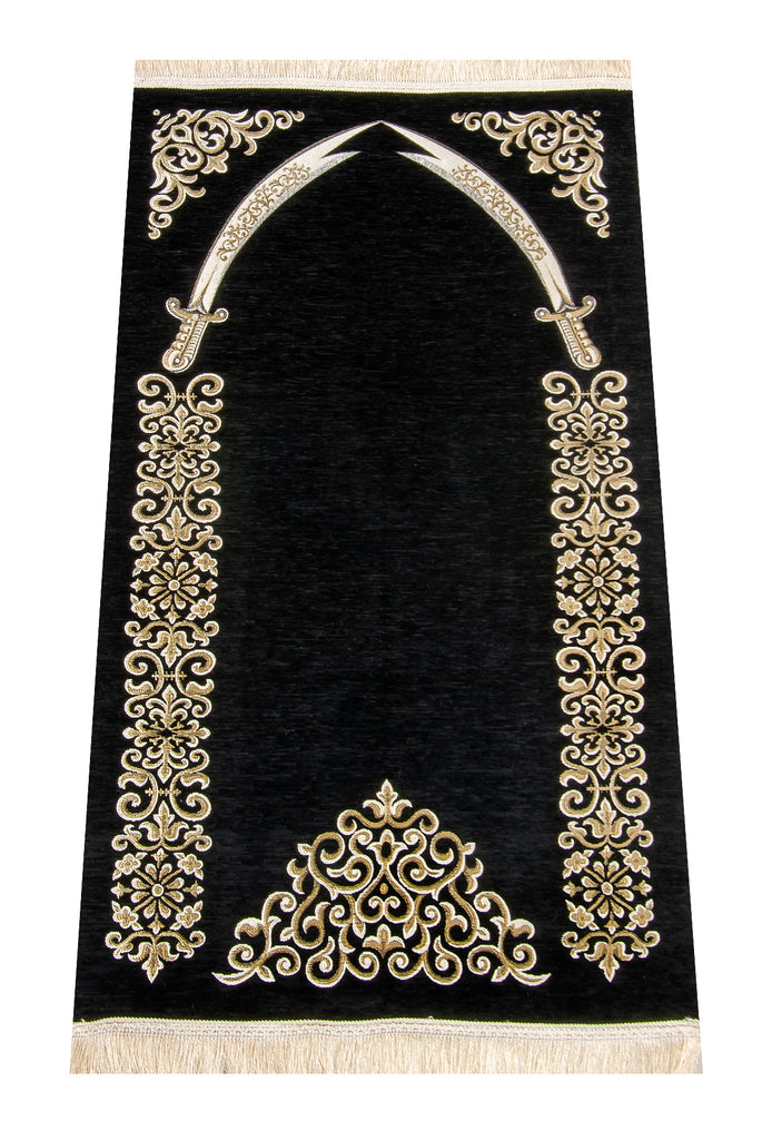 Elegant Black Chenille Muslim Prayer Rug (Sajadah | Janamaz | Salah Mat) - Ihvan