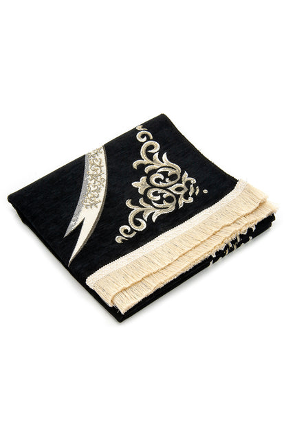 Elegant Black Chenille Muslim Prayer Rug (Sajadah | Janamaz | Salah Mat) - Ihvan