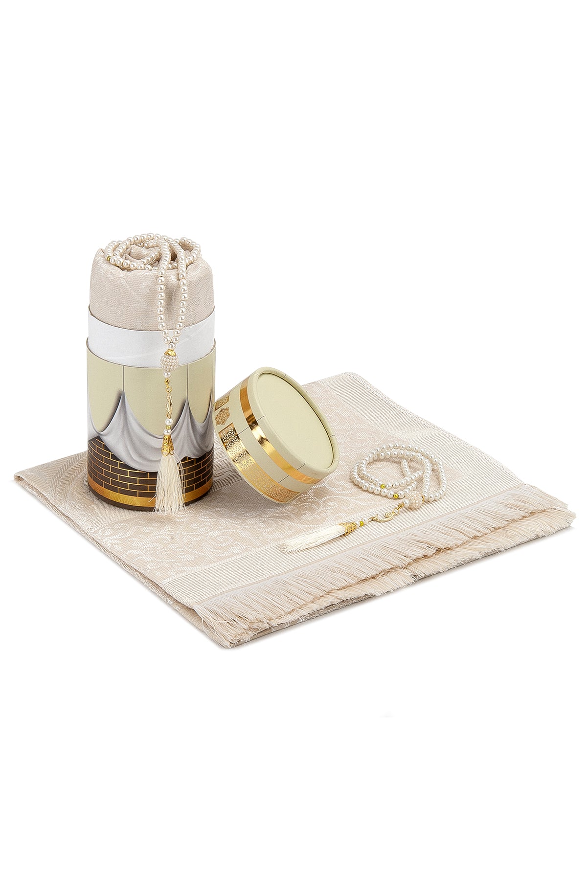 Elegant Muslims Prayer Rug Gift Set (Sajadah | Tasbih | Kaaba Cylinder Box) - Ihvan