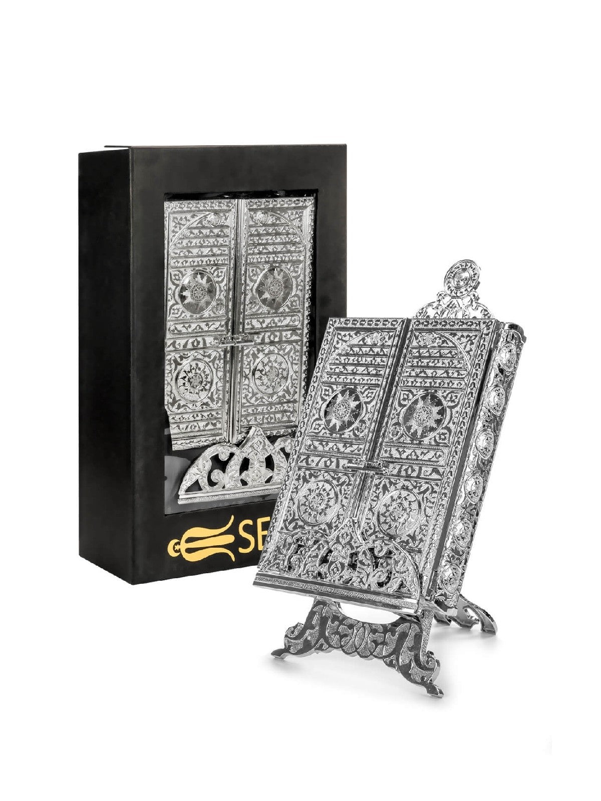 Islamic Metal Quran Box with Stan,Islamic Table Decorations for Home, Silver - ihvan