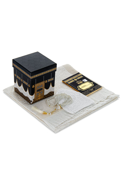 Elegant Islamic Prayer Gift Set | White Muslims Prayer Rug & Yaseen Book & Kaaba Box - Ihvan