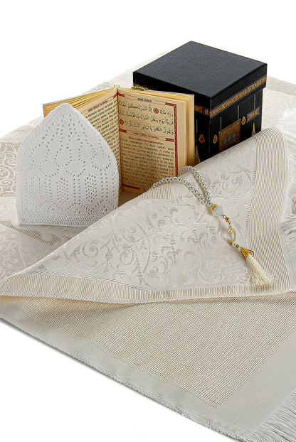 Elegant Islamic Prayer Gift Set | White Muslims Prayer Rug & Yaseen Book & Kaaba Box - Ihvan