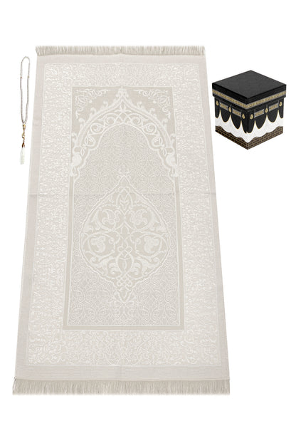 Elegant Islamic Prayer Gift Set | White Muslims Prayer Rug & Yaseen Book & Kaaba Box - Ihvan