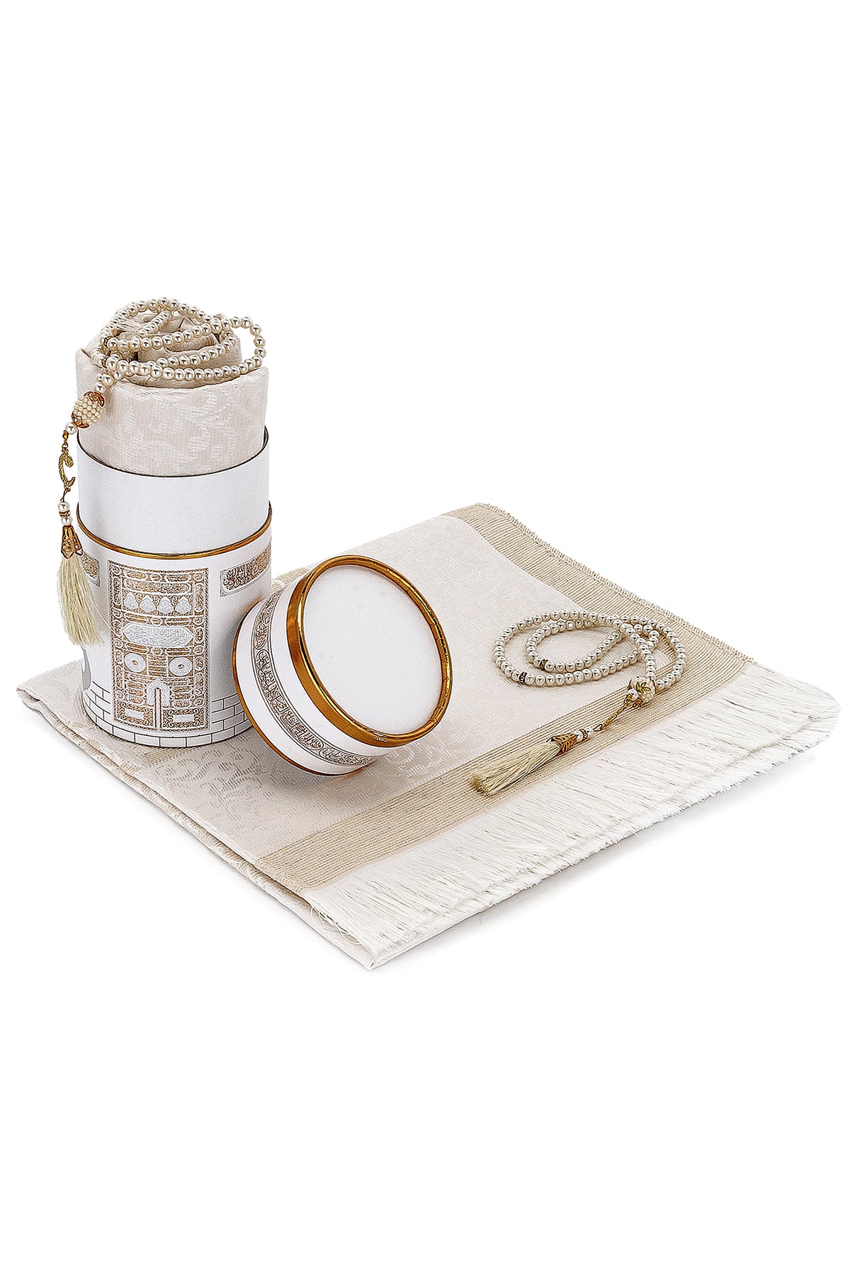 Elegant White Silky Muslim Prayer Rug Set (Sajadah | Tasbih | Cylinder Box) - Ihvan