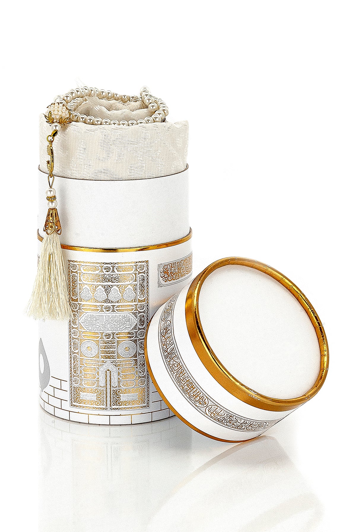 Elegant White Silky Muslim Prayer Rug Set (Sajadah | Tasbih | Cylinder Box) - Ihvan